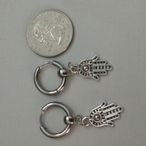 Earrings Stainless Steel Hamsa Hand of Fatima's Evil Eye Protection Silver-tone - Picture 10 of 13